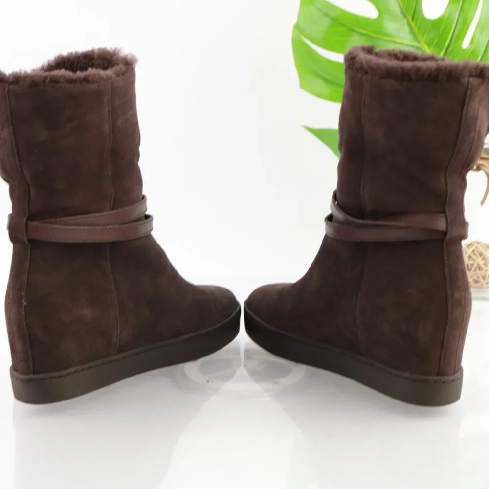 Coach Womens Norell Boots Size 6.5 Brown Suede Hidden Wedge Sherpa Lined Booties